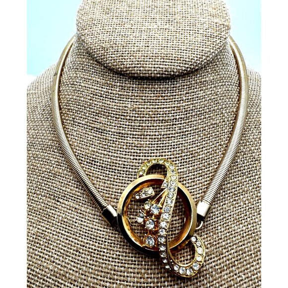 Vintage Swirl Rhinestone Choker Necklace Snake Chain Gold Tone Unsigned - Picture 1 of 9